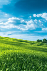 Fototapeta premium Green grass field on small hills and blue sky with clouds, Generative AI