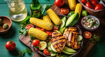 Fototapeta na wymiar Summer bbq party concept - grilled chicken, vegetables, corn, salad, copy space. Generative AI