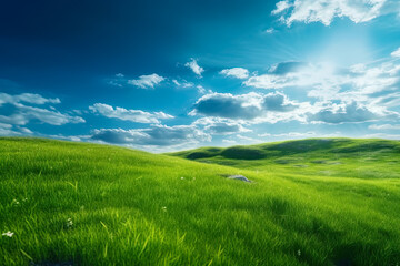 Fototapeta premium Green grass field on small hills and blue sky with clouds, Generative AI