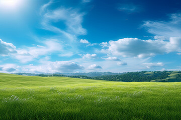 Fototapeta premium Green grass field on small hills and blue sky with clouds, Generative AI