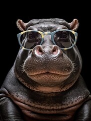 A real hippo cool with black sunglasses. Generative AI