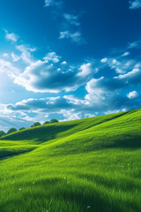 Fototapeta premium Green grass field on small hills and blue sky with clouds, Generative AI