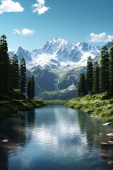 A panoramic view of a serene mountain lake, Generative AI