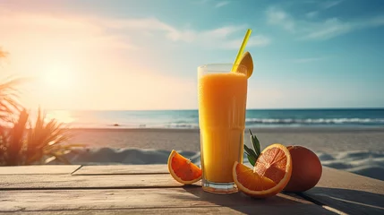 Tuinposter Summer tropical beach background with fresh juice coctail and fruits © Photo And Art Panda