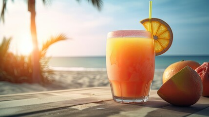 Summer tropical beach background with fresh juice coctail and fruits