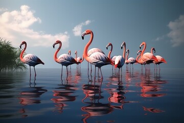 Fototapeta na wymiar 3D lot of flamingo stand in a water