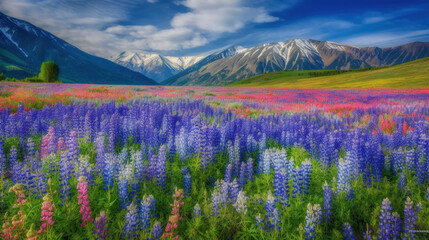 Meadows full of colorful flowers in spring with mountains in the background. AI Generative