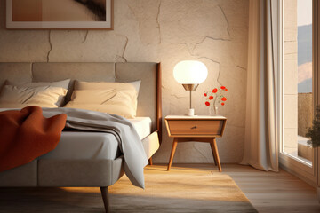 Wooden bedroom and canvas over bed with linens, beige walls and window. AI Generative