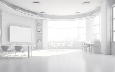 A classroom or presentation room. White chairs, panoramic windows with white copy space and a chalkboard on the wall. Generative AI