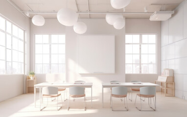A classroom or presentation room. White chairs, panoramic windows with white copy space and a chalkboard on the wall. Generative AI