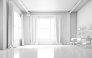 Fototapeta premium A classroom or presentation room. White chairs, panoramic windows with white copy space and a chalkboard on the wall. Generative AI