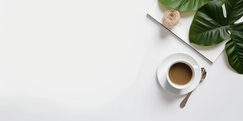 Minimal flat lay with cup of tea or coffee and tropical leaf. Female workspace.teatime, coffee break layout template.Copy space.Top view. layout for  vakation banner. Relax, chill concept. Generative