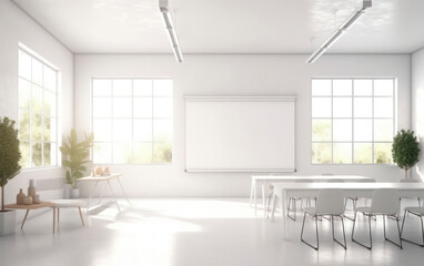 Fototapeta premium A classroom or presentation room. White chairs, panoramic windows with white copy space and a chalkboard on the wall. Generative AI