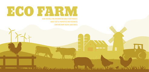 Cow silhouette in farm landscape. Farmland eco life