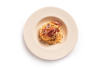 Piatto di spaghetti alla carbonara visto dall'alto, cibo tipico romano, pasta tradizionale italiana