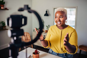 Young female influencer recording a candid video for social media, capturing her lifestyle and setting the latest trends, content creator generative ai - obrazy, fototapety, plakaty