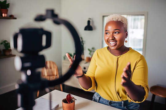 Young female influencer recording a candid video for social media, capturing her lifestyle and setting the latest trends, content creator generative ai