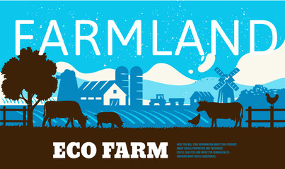 Cow silhouette in farm landscape. Farmland eco life