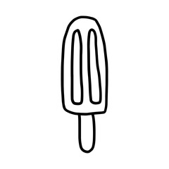 Cute hand-drawn element of delicious ice cream on stick in doodle style. Great for banners, bar menu, seasonal design, packaging or advertising.  Vector illustration EPS10. Isolated on white backgound
