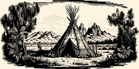 AI Generated. AI Generative. Native american western scene background with cowboy wigwam desrt and rocks. - obrazy, fototapety, plakaty
