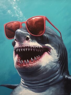 A Real Shark Cool With Black Sunglasses. Generative AI