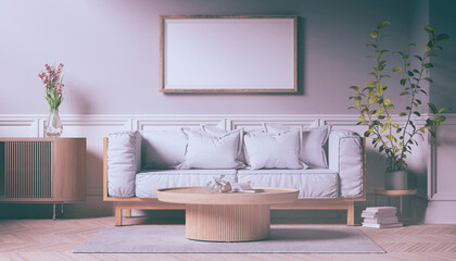 3d Illustration - Skandinavisches, nordisches Wohnzimmer mit einem Sofa und einem Tisch. - Textfreiraum - Platzhalter - Retro Look