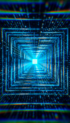 Illustation of squares in a tunnel with particles against a dark background - abstract background.