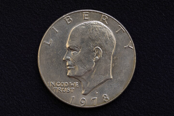 Portrait of the President of USA Dwight D. Eisenhower on the one dollar USA coin issued in 1978,...