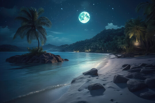 Romantic Night Scene Beautiful Fantasy tropical beach, Generative AI
