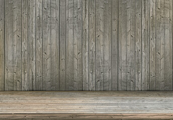 Wooden wall and floor. Rustic old wood board planks for background. Empty room for mock up, product displaing and copy space for text.