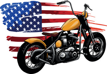 vector illustration of chopper motorcycle with american flag - obrazy, fototapety, plakaty