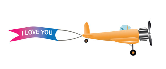 Cartoon single plane with a propeller and a hanging banner with the inscription I love you. Vector illustration	 - obrazy, fototapety, plakaty