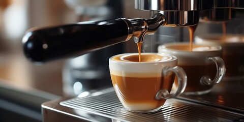 AI Generated. AI Generative. Coffee espresso steel machine barista cafe restaurant. Graphic Art - obrazy, fototapety, plakaty