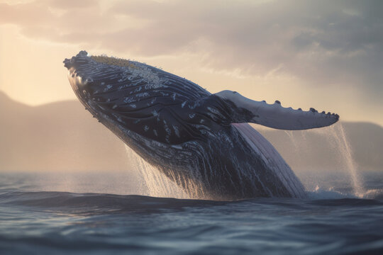 A humpback whale jumps out of the ocean, displaying its majestic tail and creating a splash. Witness the beauty of marine wildlife in this stunning photo. AI Generative.