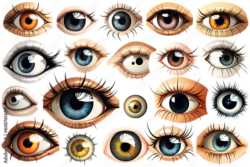 Poster set of drawn eyes isolated on white background. Generated by AI.