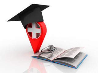 3d rendering hospital navigation with Stethoscope on book