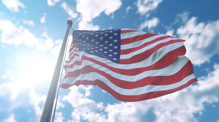 A low angle view of stars and stripes on american flag against blue sky. AI Generative