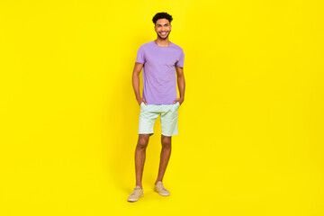 Full body size cadre of young smiling happy man student summer outfit model blue shorts violet...