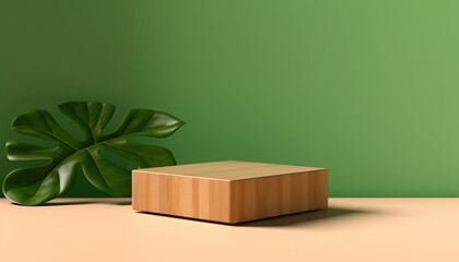 3D wooden podium display with leaf shadow,
wooden podium in tropical space green background Generative IA