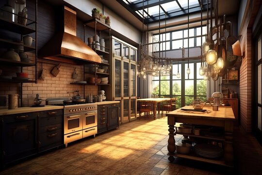 Beautiful cozy kitchen with an open plan concept, generative ai
