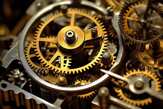 Beautiful vintage mechanism with gears and cogwheels, generative  ai