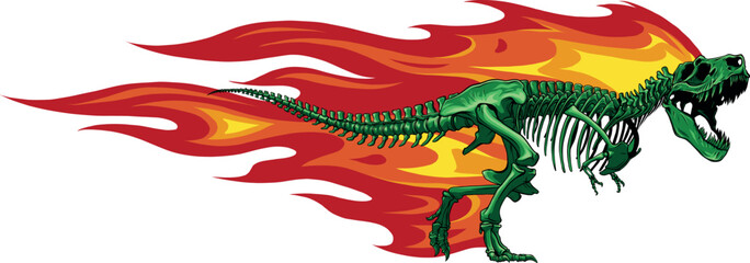 vector illustration of T-rex dinosaur skeleton with flames