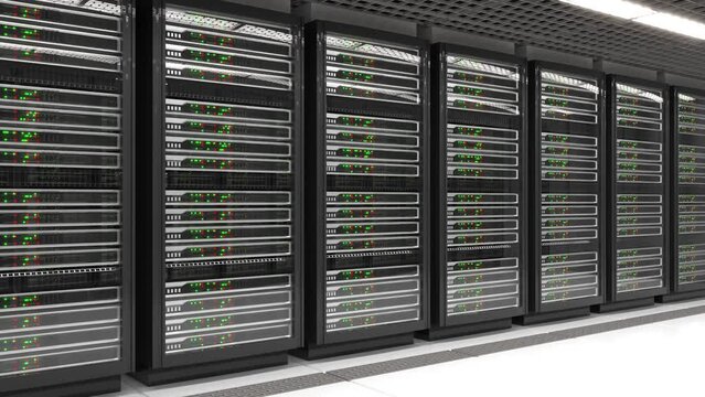 Data center, racks with network servers. 3d animation