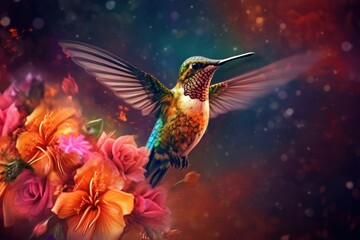 Naklejka premium Beautiful, colorful hummingbird perched on a branch with a bunch of pink flowers. Generative AI