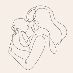 Line art woman face with baby. Minimalist  Abstract Female A woman holds her baby. Continuous one-line drawing with color spots, and flowers. Vector draw illustration. Happy Mother's day card. 