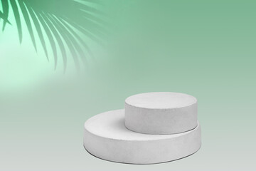 Podium for Cosmetics, Soap, Items Presentation. Abstract Minimal Geometric Sphere. Cylinder Two Forms, Soft Shadow. Scene to Show Product, Object. Showcase Display Case. Palm Leaf Green Tones Ad Stand