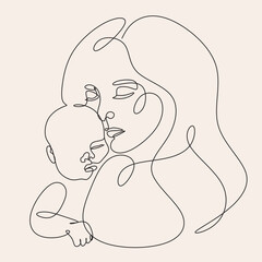 Line art woman face with baby. Minimalist  Abstract Female A woman holds her baby. Continuous one-line drawing with color spots, and flowers. Vector draw illustration. Happy Mother's day card. 