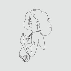 Mothers Day line art. Solid line,continuous one line drawing. Mother holding her baby . Continuous line art vector.Happy Mothers Day concept.