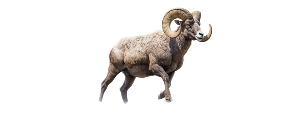 a strong, Rocky Mountain Bighorn Ram, in motiion, full curl, full body,  wild beauty,  Wildlife-themed, photorealistic illustrations in a PNG, cutout, and isolated. Generative AI