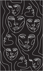 Woman Line Art Minimalist wallpaper. Modern Textile illustration. F Feminine Illustration line drawing. Woman's faces pattern seamless